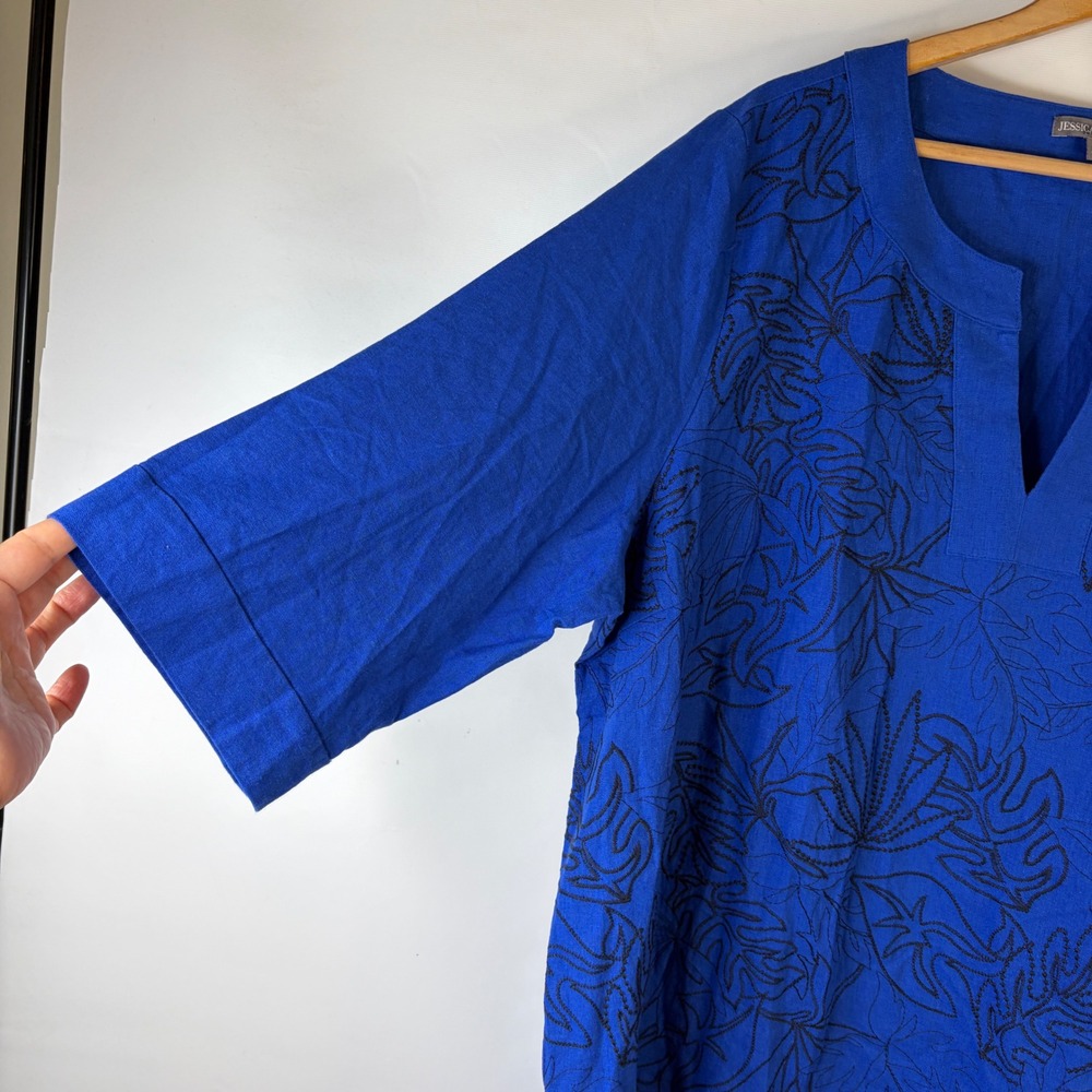 Jessica London Tunic Top Women 26W Royal Blue Embroidered Leaf Linen Blend - Picture 3 of 8